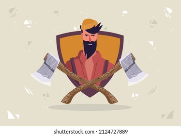 vector illustration of the face of a bearded man woodcutter with two axes and a shield