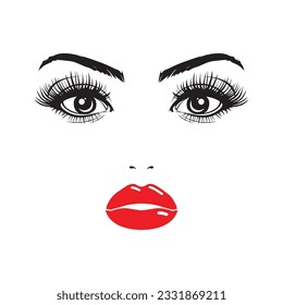 ilustración vectorial. cara de una mujer hermosa. boceto. labios rojos y pestañas largas. salón de belleza. de %PRODUCTNAME. arte