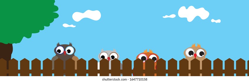 Vector illustration of hen´s face behind the fence. Symbol of curious and farm.