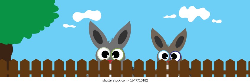 Vektorillustration-Illustration des Kaninchengesichts hinter dem Zaun. Symbol von neugierig und Bauernhof.