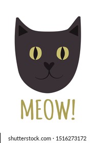 Vector illustration of the face of a black cat on a white background with the inscription meow!