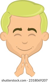 vector illustration face of blond cartoon man with his hands praying