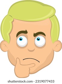 vector illustration face of a blond cartoon man with blue eyes and a thoughtful or doubtful expression