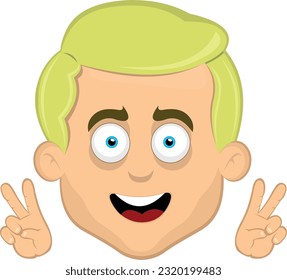 vector illustration face of a blond cartoon man with blue eyes, making the classic gesture of love and peace or v victory with his hands