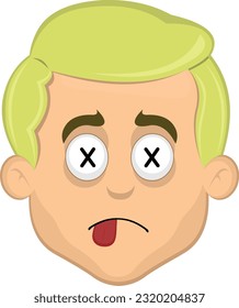 vector illustration face blond man cartoon dead, with crosses in eyes and tongue out