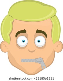 vector illustration face of a blonde cartoon man with blue eyes with a zipper in his mouth