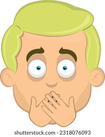 vector illustration face of a blonde cartoon man with blue eyes covering his mouth with his hands