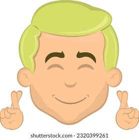 ilustración vectorial cara hombre rubio caricatura cruzando dedos, en concepto de hacer un deseo o buena suerte