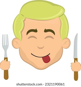 vector illustration face blonde man cartoon, tongue out with knife and fork in hands