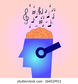 Vector illustration face boy listening to music on headphones.