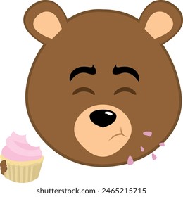 vector illustration face brown bear grizzly cartoon eating a cupcake or muffin