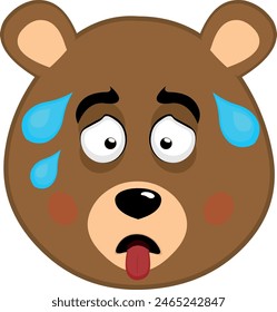 vector illustration face brown bear grizzly cartoon, with his tongue out and drops of sweat on his head