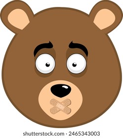 vector illustration face brown bear grizzly cartoon, with adhesive bands in the mouth in concept please silent