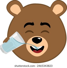 vector illustration face brown bear grizzly cartoon, drinking water glass