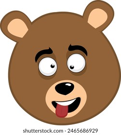 vector illustration face brown bear grizzly cartoon, making crazy and funny expression, with squinty eyes and tongue sticking out