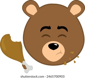 vector illustration face brown bear grizzly cartoon, eating a chicken leg food