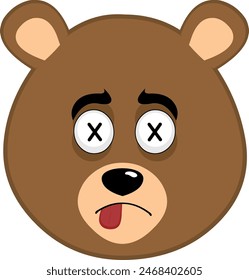 vector illustration face brown bear grizzly cartoon, with crosses eyes in concept of dead character