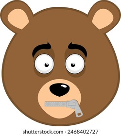 vector illustration face brown bear grizzly cartoon, with a zipper in the mouth in the concept of silence