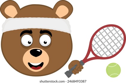 vector illustration face brown bear grizzly cartoon, with a tennis racket and ball