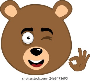 vector illustration face brown bear grizzly cartoon, winking eye and with his hand making an ok or perfect gesture