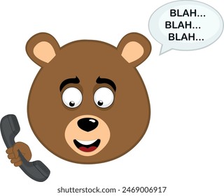vector illustration face brown bear grizzly cartoon, talking on the phone and a speech bubble with the text blah