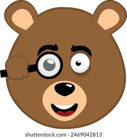vector illustration face brown bear grizzly cartoon, watching with a magnifying glass