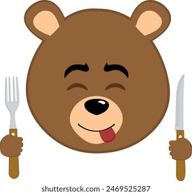 vector illustration face brown bear grizzly cartoon, an expression of yummy how delicious with a knife and fork in his hands