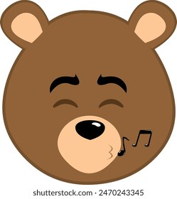 vector illustration face brown bear grizzly cartoon whistling with musical notes on the lips