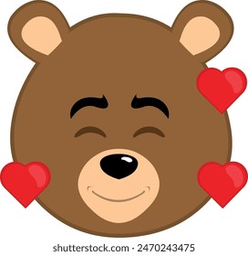 vector illustration face brown bear grizzly cartoon, with an joy and love expression, surrounded by hearts