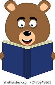 vector illustration face brown bear grizzly cartoon, holding, reading and studying book