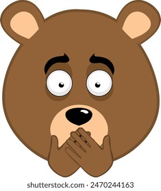 vector illustration face brown bear grizzly cartoon, covering its mouth with its hands, in concept of making silence or keeping quiet