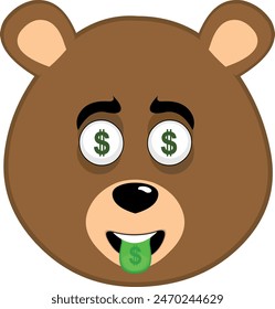 vector illustration face brown bear grizzly cartoon, with eyes and tongue with the dollar sign