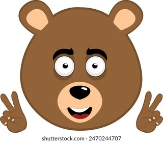 vector illustration face brown bear grizzly cartoon, with hands making the classic gesture of love and peace or v victory