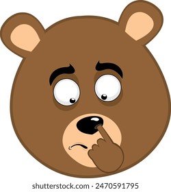 vector illustration face brown bear grizzly cartoon, picking your nose looking for a mucus with your finger hand