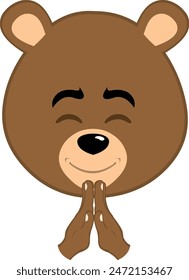 vector illustration face brown bear grizzly cartoon, with his hands in a praying position