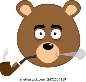 vector illustration face brown bear grizzly cartoon smoking and exhaling pipe tobacco smoke