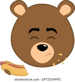 vector illustration face brown bear grizzly cartoon eating fast food from a hot dog