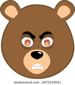 vector illustration face brown bear grizzly cartoon, with a furious expression and fire flame in his eyes