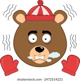 vector illustration face brown bear grizzly cartoon shivering cold, wearing gloves and a winter hat, with breath vapor in his mouth