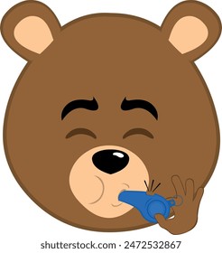 vector illustration face brown bear grizzly cartoon, with his mouth blowing a whistle