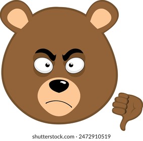 vector illustration face brown bear grizzly cartoon, with thumb pointing down in concept of not approved or no like