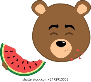 vector illustration face brown bear grizzly cartoon eating watermelon fruit