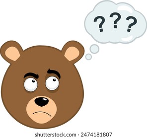 vector illustration face brown bear grizzly cartoon, with a doubtful or thinking expression and a thought cloud with question