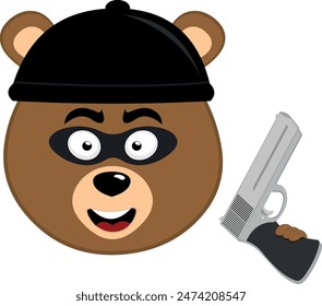 Vektorillustration Gesicht Braunbär Grizzly Cartoon, mit einem Hut, eine Diebesmaske und eine Waffe in der Hand