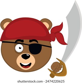 vector illustration face brown bear grizzly cartoon, with a headscarf, an eye patch and a pirate sword