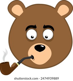 vector illustration face brown bear grizzly cartoon smoking and inhaling pipe tobacco smoke