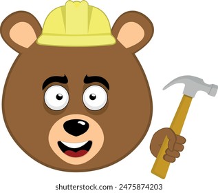 vector illustration face brown bear grizzly cartoon with a builder helmet and hammer in hand
