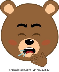 vector illustration face brown bear grizzly cartoon, coughing with your hand in your mouth