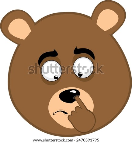 vector illustration face brown bear grizzly cartoon, picking your nose looking for a mucus with your finger hand