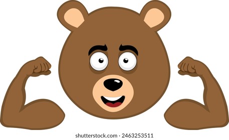 vector illustration face brown grizzly bear cartoon showing the biceps of his arms with a happy expression
